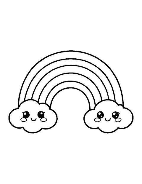 Line drawing of a cute smiling rainbow with each end resting on a puffy cloud