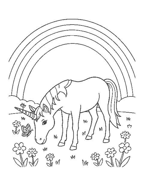 Line drawing of a horned unicorn grazing in a flower meadow under a wide rainbow
