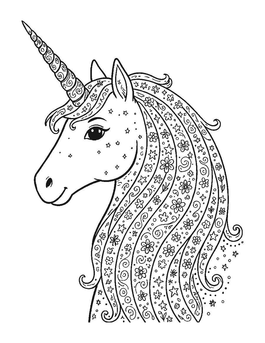 Line drawing of a unicorn head in profile with a spiral horn and a patterned rainbow mane