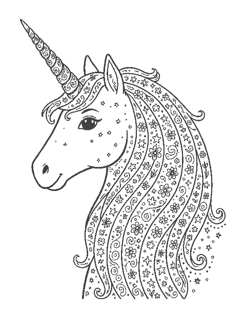 Line drawing of a unicorn head in profile with a spiral horn and a patterned rainbow mane