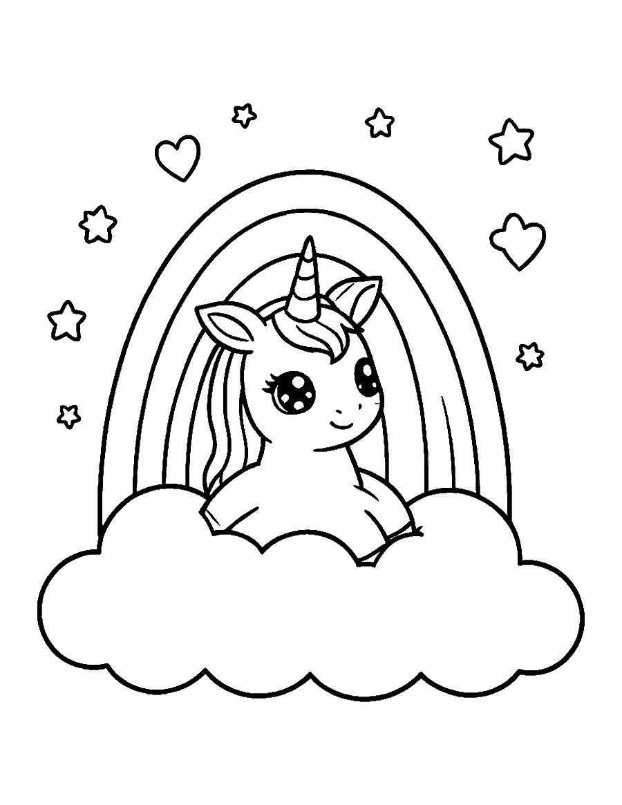 Line drawing of a cute unicorn sliding down a rainbow toward a fluffy cloud with stars