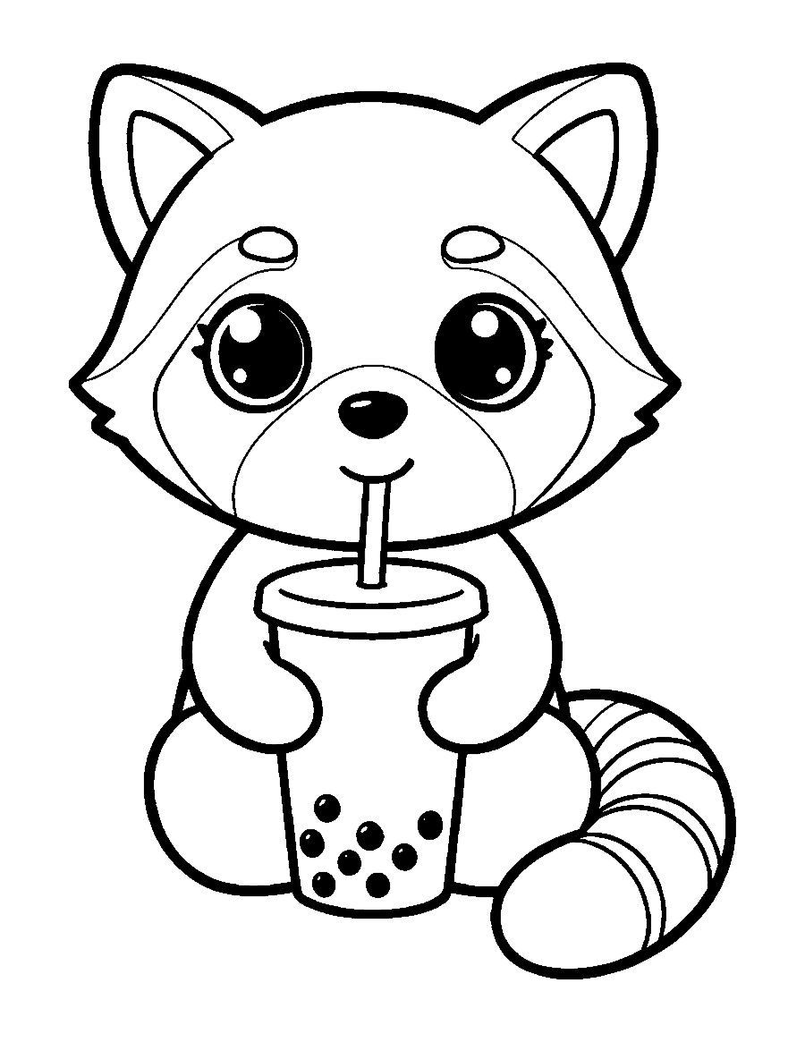 Line drawing of a cute chibi red panda holding a cup of bubble tea