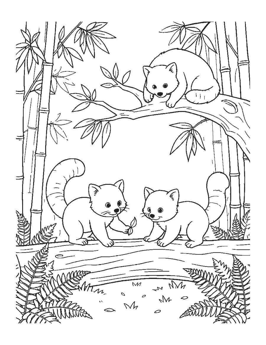 Line drawing of two red panda cubs playing on a log while their mother rests above