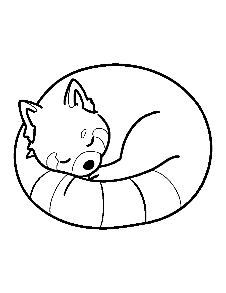 Line drawing of a red panda asleep curled up under its fluffy ringed tail