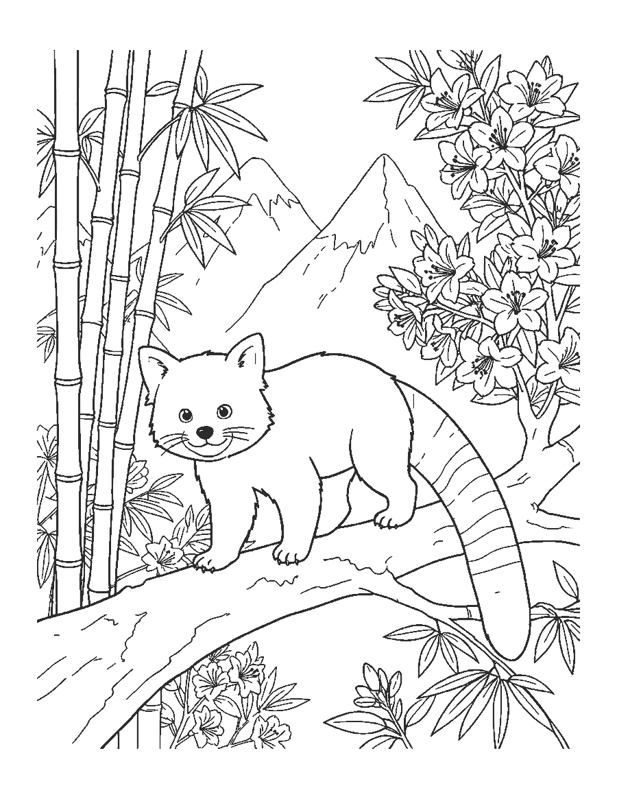 Line drawing of a red panda on a mossy branch in a bamboo forest with rhododendrons