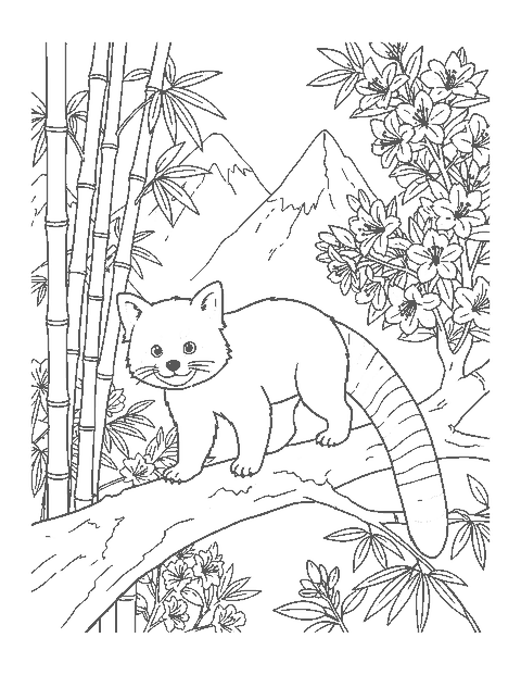 Line drawing of a red panda on a mossy branch in a bamboo forest with rhododendrons