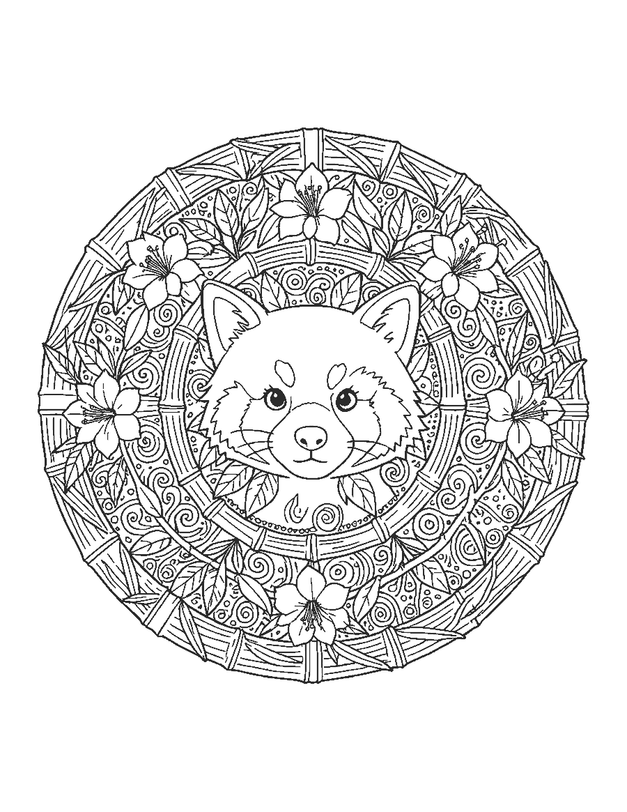 Line drawing of a red panda face inside a round mandala of bamboo leaves and flowers