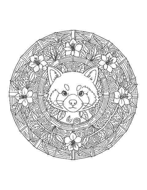 Line drawing of a red panda face inside a round mandala of bamboo leaves and flowers