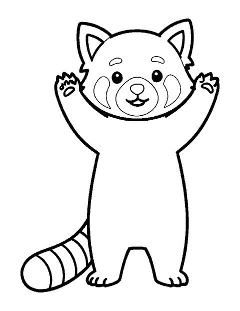 Line drawing of a red panda standing on its back legs with a long ringed tail