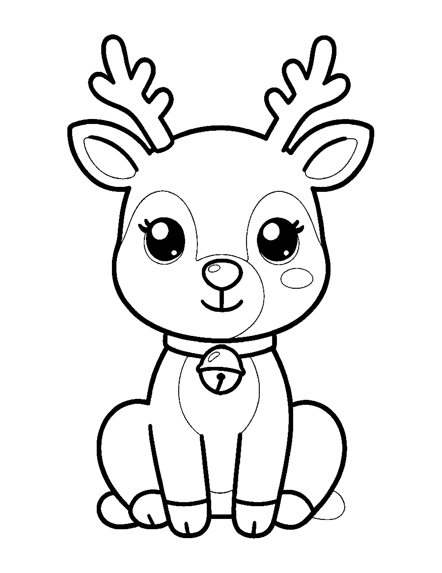 Line drawing of a cute baby reindeer with big eyes, small antlers and a bell