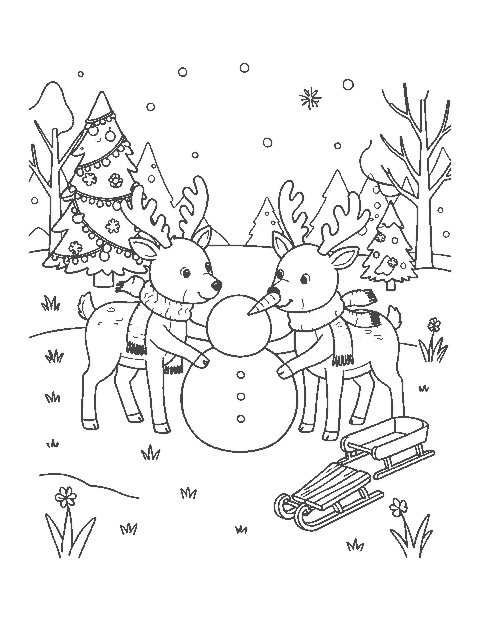 Line drawing of two cartoon reindeer in scarves building a snowman beside a decorated fir