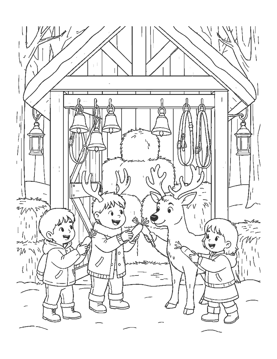 Line drawing of children feeding carrots to reindeer at a wooden stable