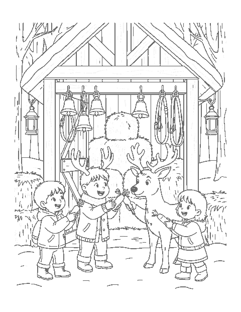 Line drawing of children feeding carrots to reindeer at a wooden stable