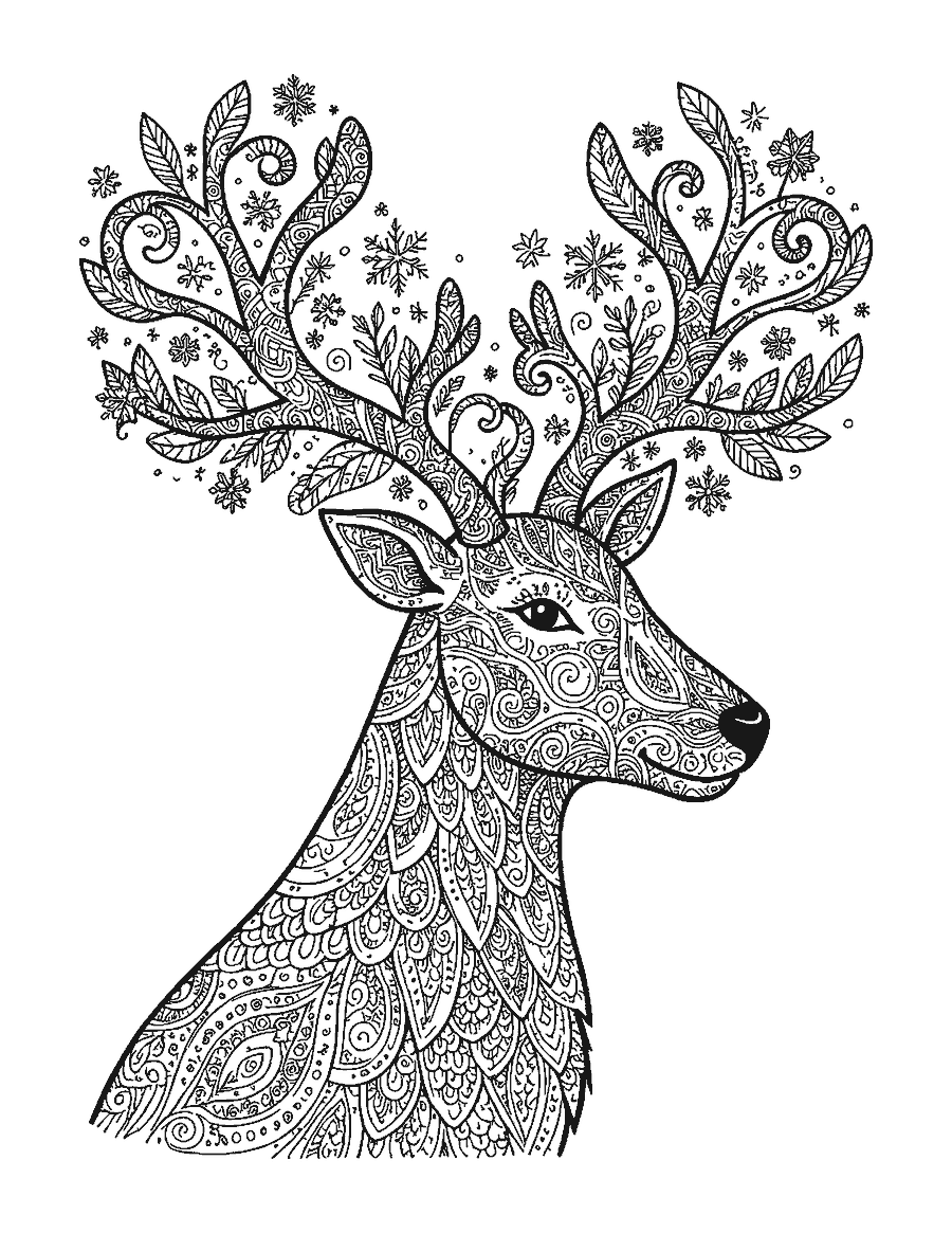 Line drawing of a reindeer head in profile filled with doodle patterns