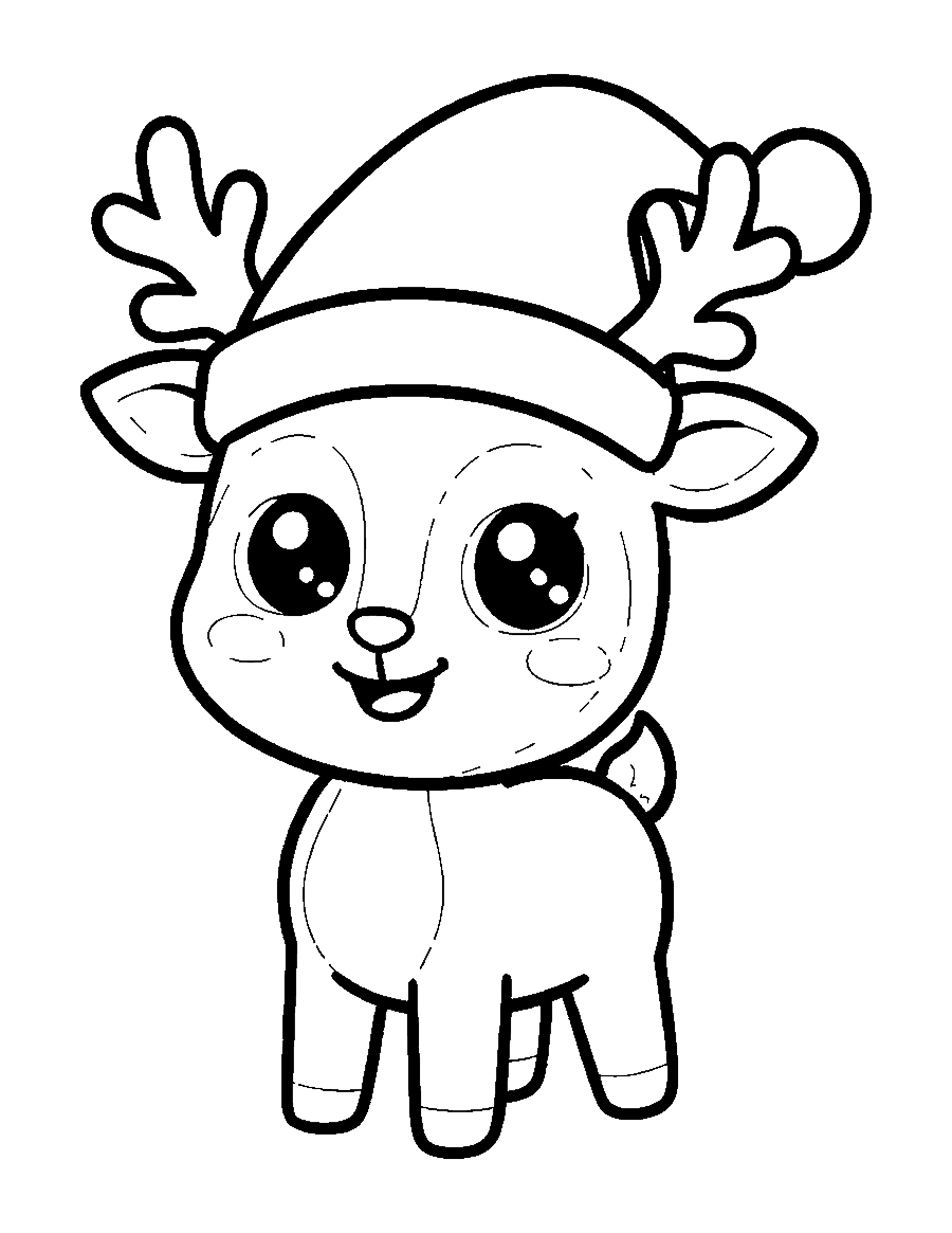 Line drawing of a cute chibi reindeer standing on four legs and wearing a Santa hat