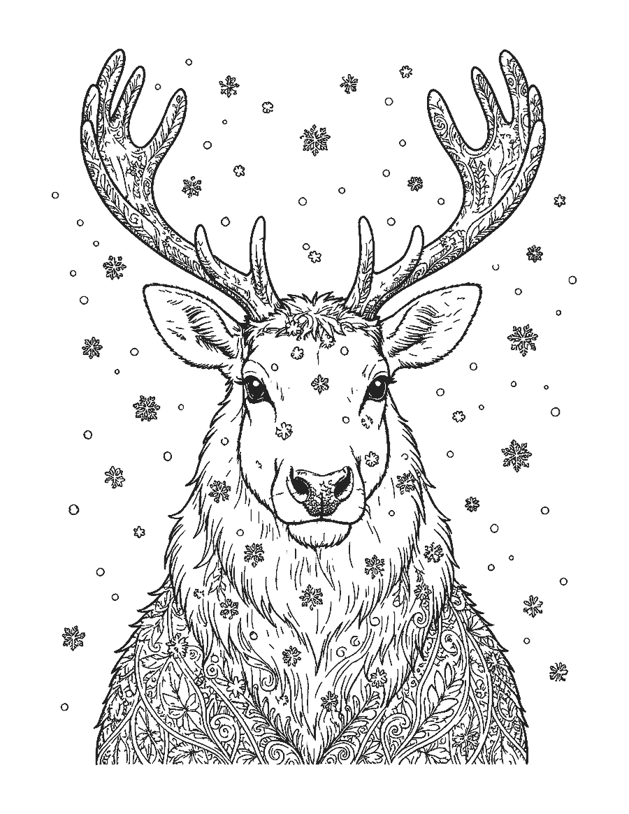 Line drawing of a realistic reindeer portrait with tall antlers and snowflakes in its shaggy fur