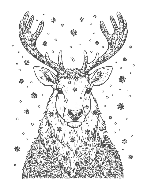 Line drawing of a realistic reindeer portrait with tall antlers and snowflakes in its shaggy fur