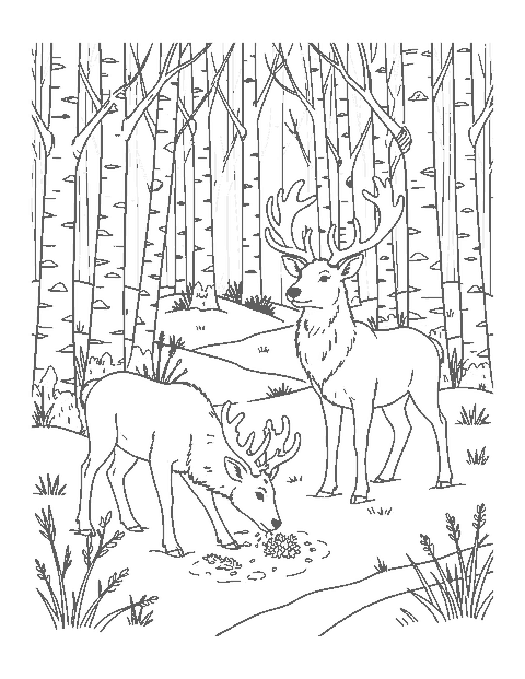 Line drawing of two realistic reindeer digging for lichen in a snowy birch forest