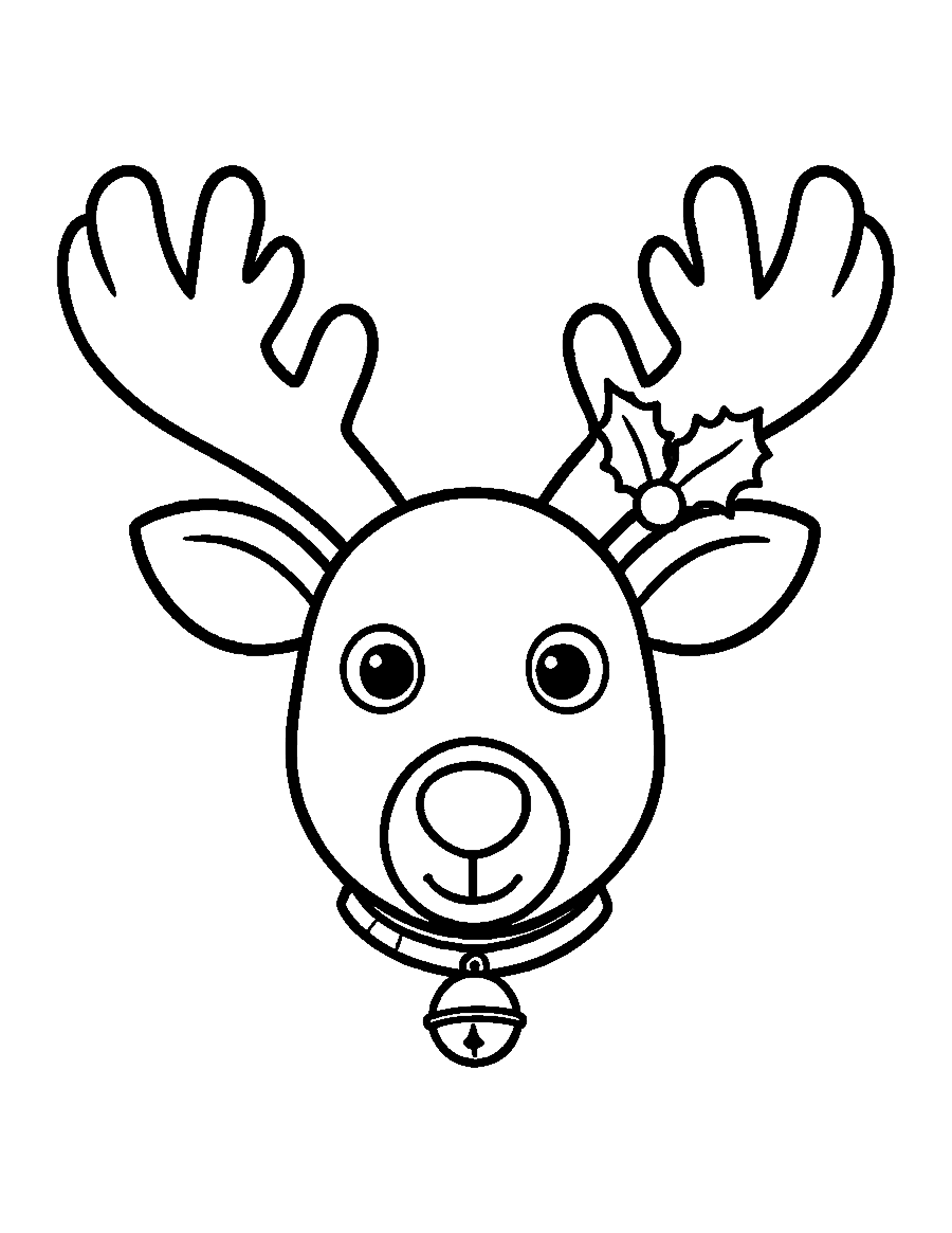 Line drawing of a reindeer face with branching antlers, a holly sprig and a jingle bell collar