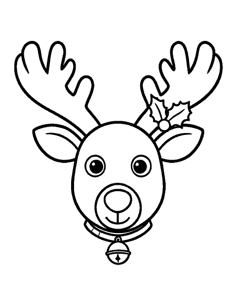 Line drawing of a reindeer face with branching antlers, a holly sprig and a jingle bell collar