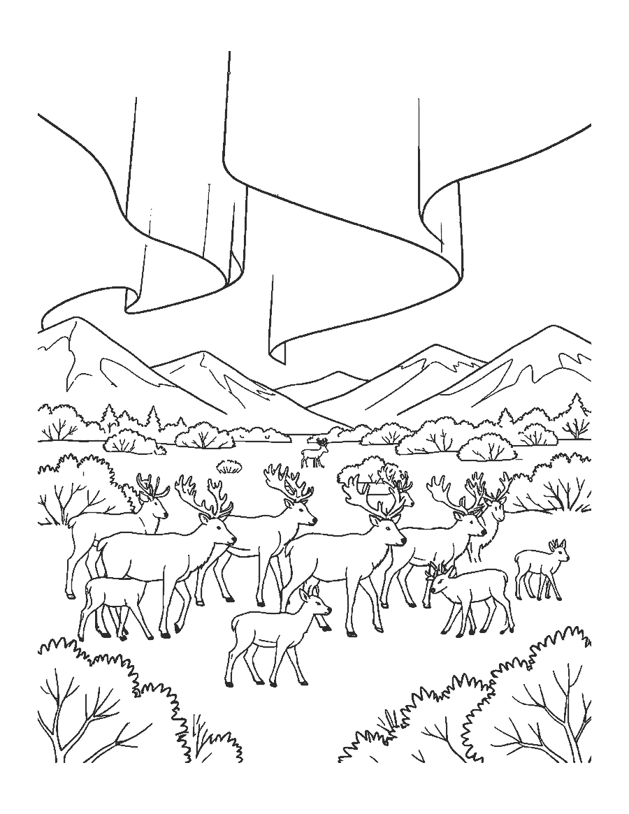 Line drawing of a reindeer herd crossing snowy tundra under the northern lights