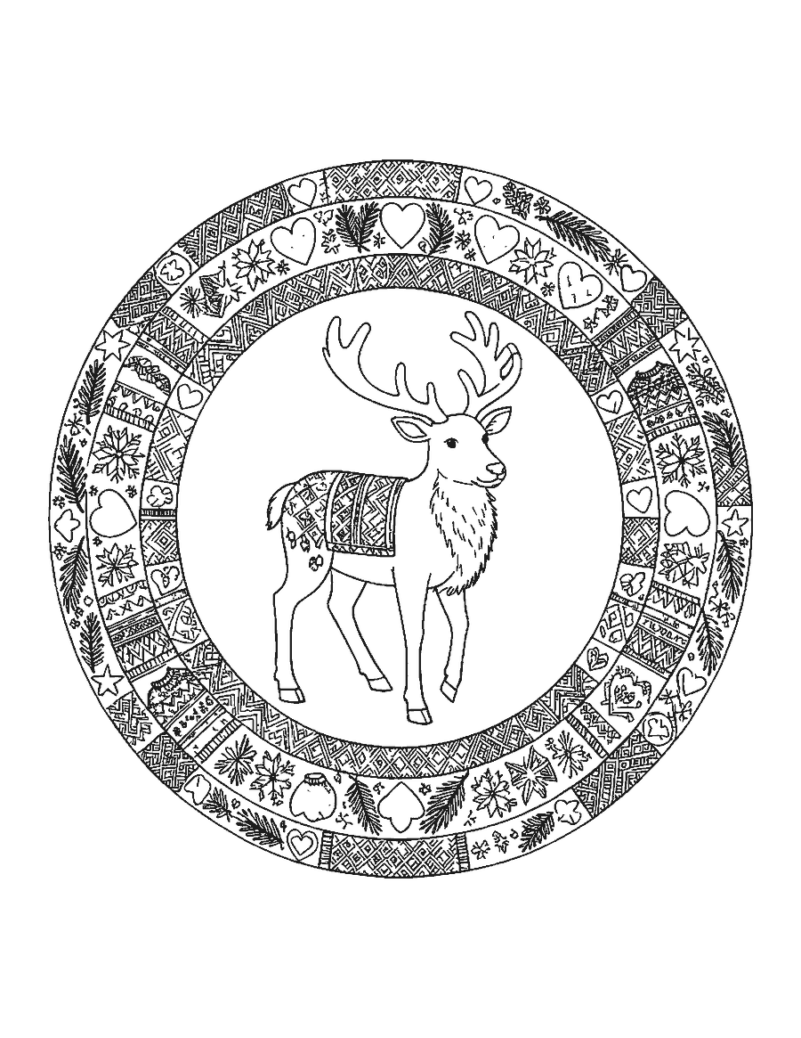 Line drawing of a reindeer inside a round wreath of Nordic folk-art patterns