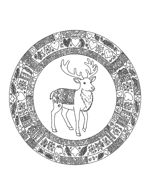 Line drawing of a reindeer inside a round wreath of Nordic folk-art patterns