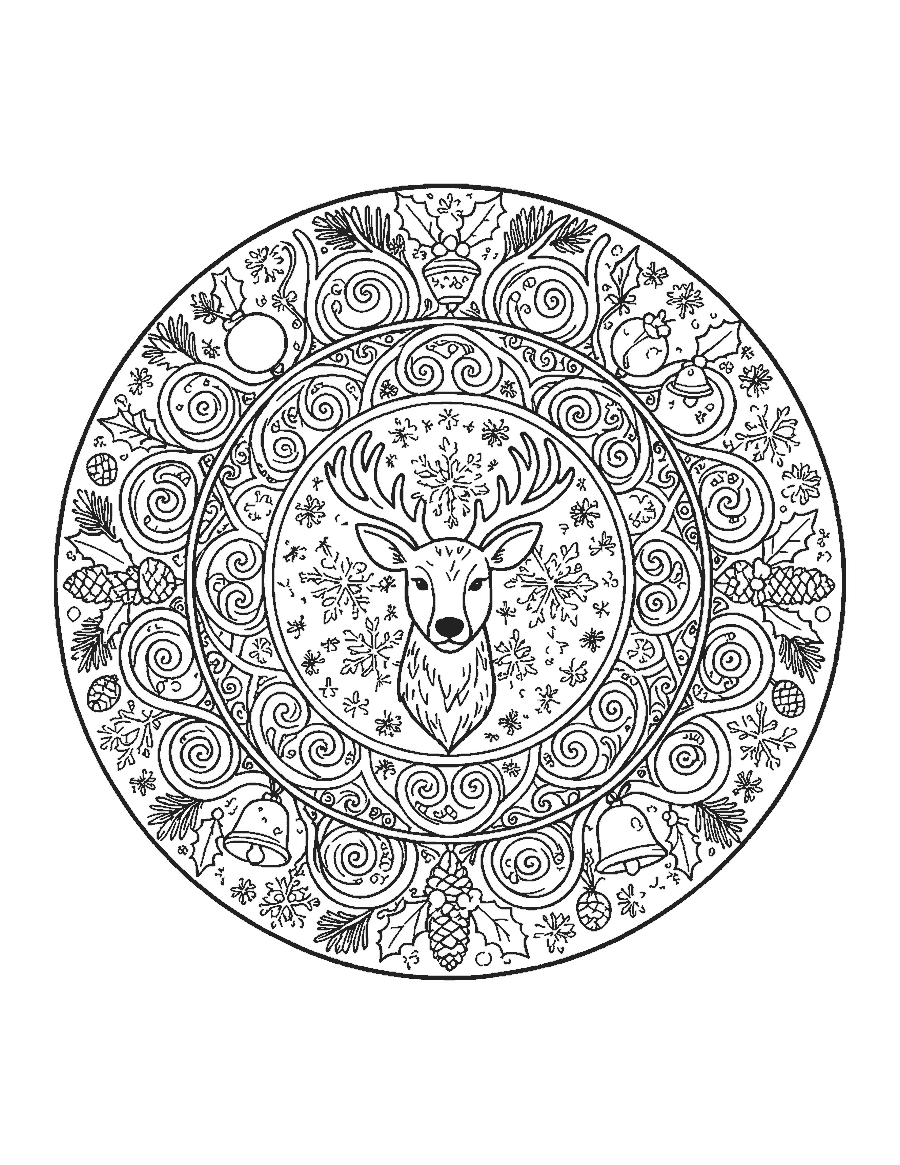 Line drawing of a mandala with a reindeer head at the center and rings of bells, holly and pine cones
