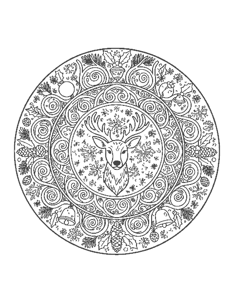 Line drawing of a mandala with a reindeer head at the center and rings of bells, holly and pine cones