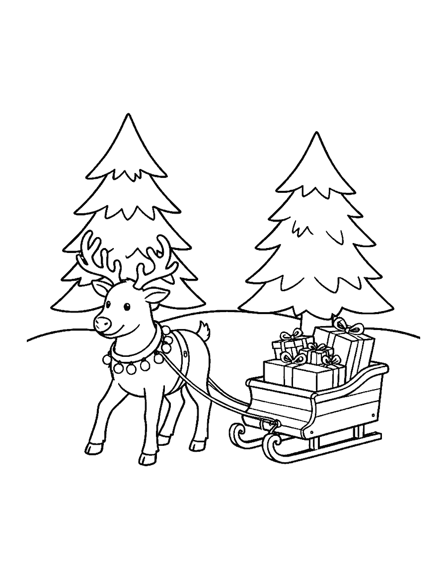 Line drawing of a reindeer pulling a wooden sled full of presents through snow