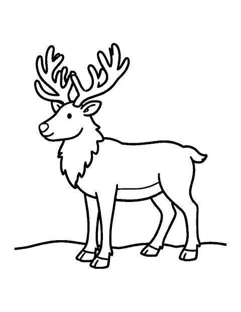 Line drawing of a reindeer in side view with big antlers on a snowy ground