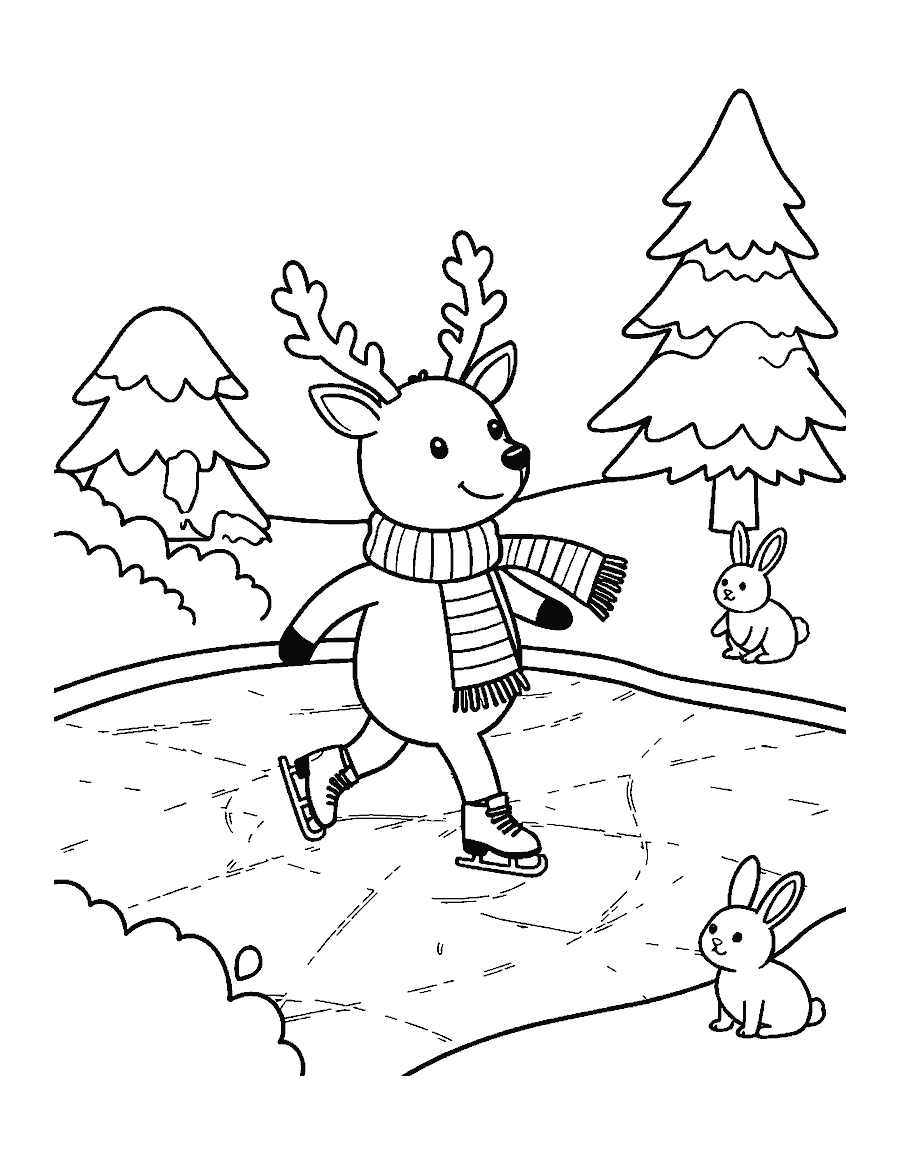 Line drawing of a cartoon reindeer in a scarf ice skating on an icy pond