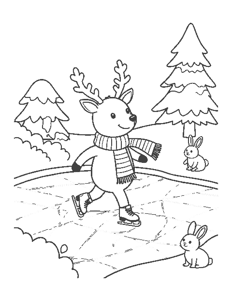 Line drawing of a cartoon reindeer in a scarf ice skating on an icy pond