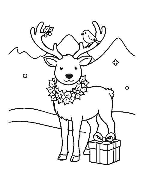 Line drawing of a reindeer wearing a holly wreath with a robin on its antler and a present