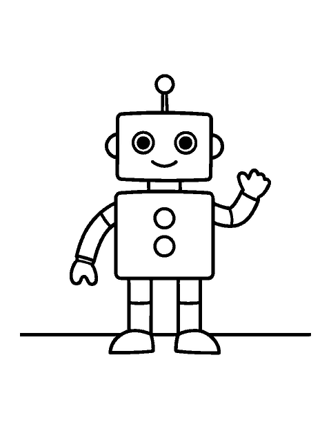 Line drawing of a boxy robot with an antenna waving one arm