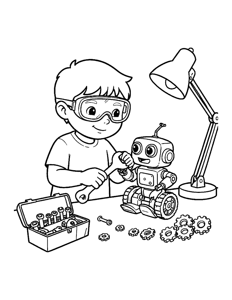 Line drawing of a child in goggles fixing a small robot at a workbench