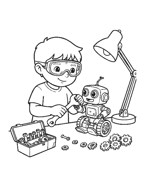 Line drawing of a child in goggles fixing a small robot at a workbench