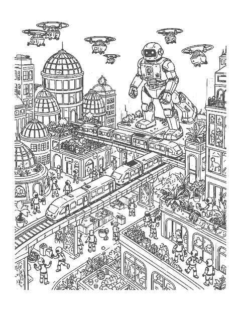 Line drawing of a futuristic city with robots, drones, monorails and domed buildings