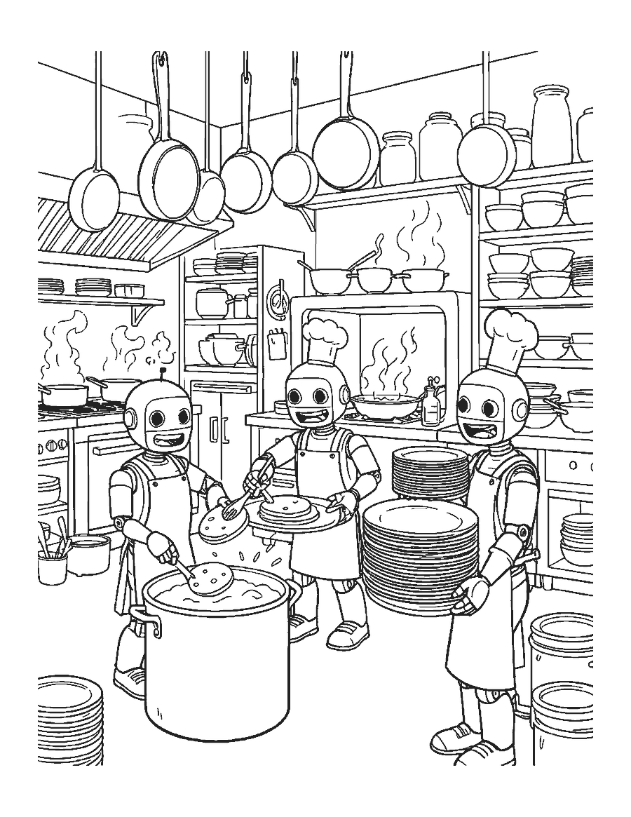 Line drawing of three robot chefs flipping pancakes and cooking in a kitchen