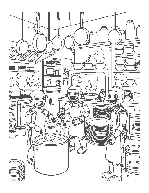 Line drawing of three robot chefs flipping pancakes and cooking in a kitchen