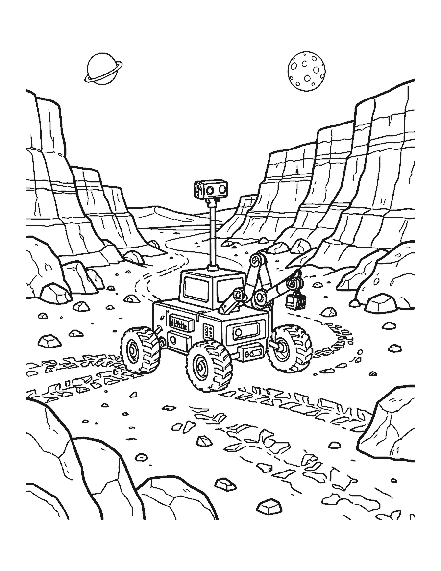 Line drawing of a six-wheeled rover exploring a rocky planet with craters and two moons