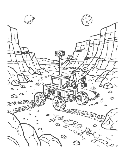 Line drawing of a six-wheeled rover exploring a rocky planet with craters and two moons