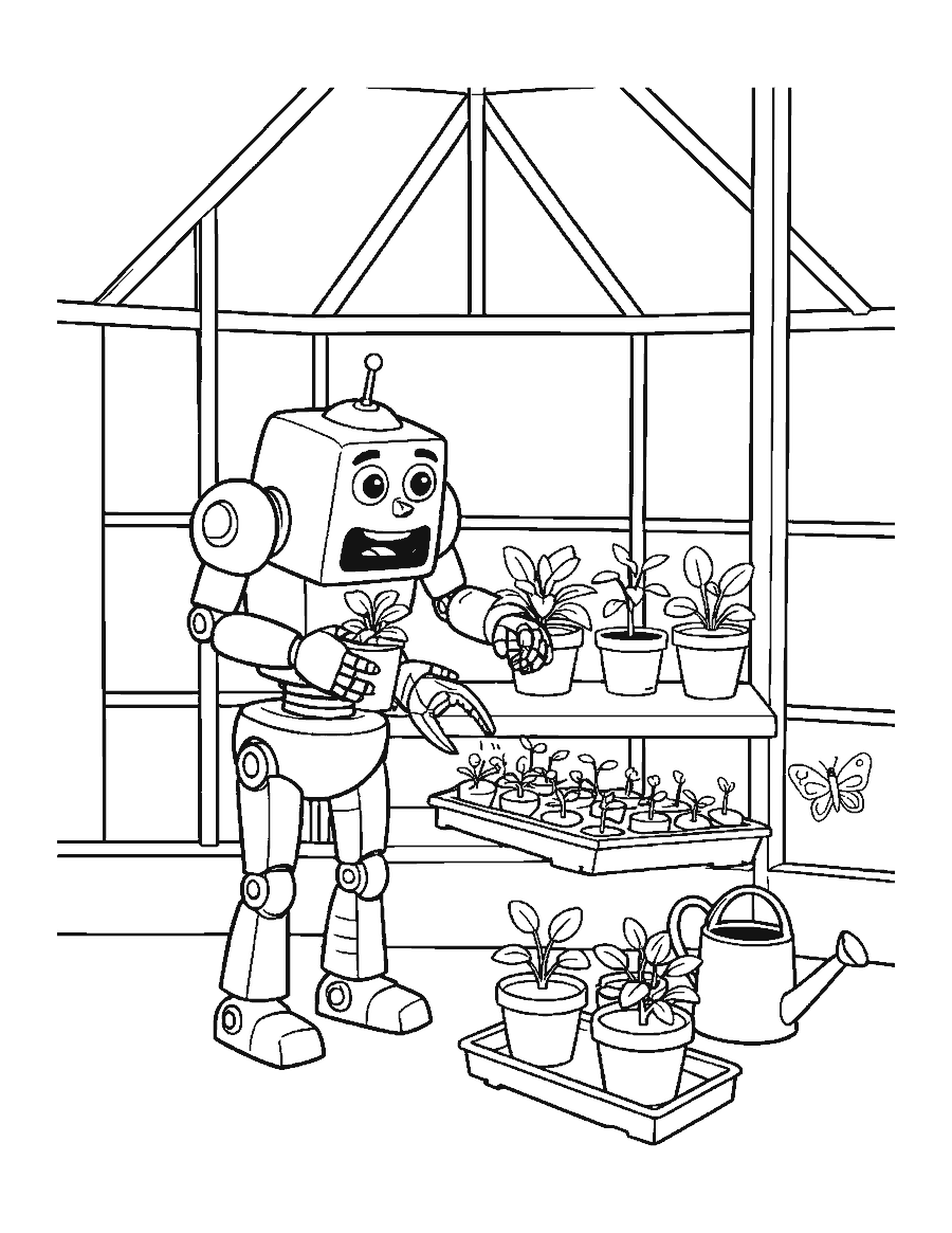 Line drawing of a tall robot watering potted plants inside a greenhouse