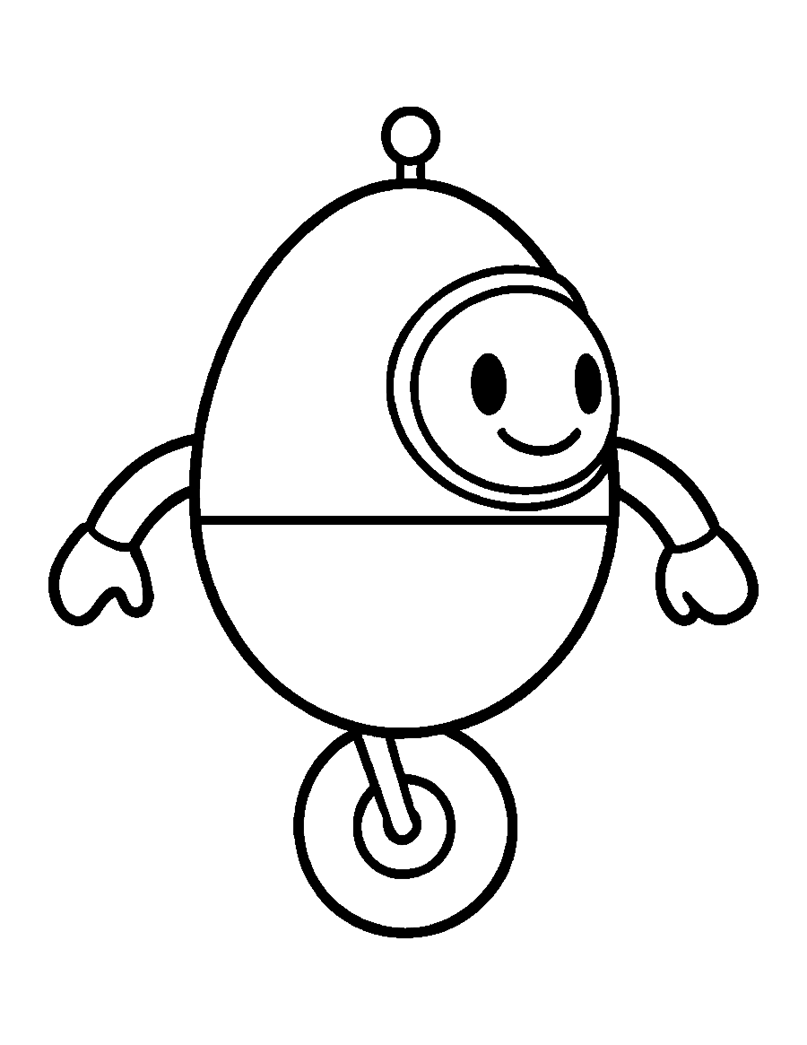 Line drawing of a round robot balancing on one wheel with a smiling face