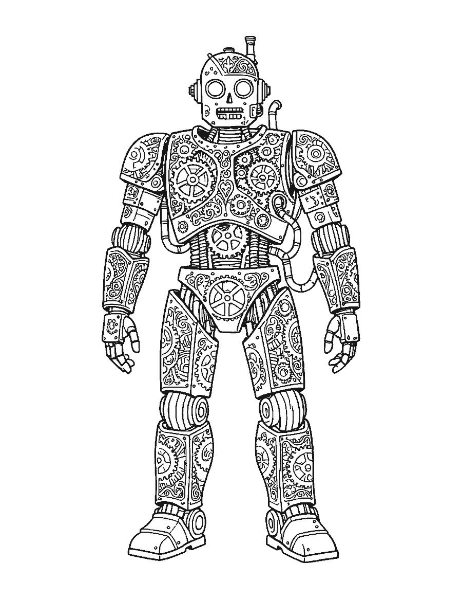 Line drawing of a steampunk robot covered in gears, pipes and ornate filigree