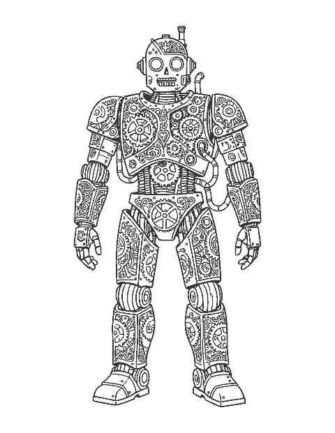 Line drawing of a steampunk robot covered in gears, pipes and ornate filigree
