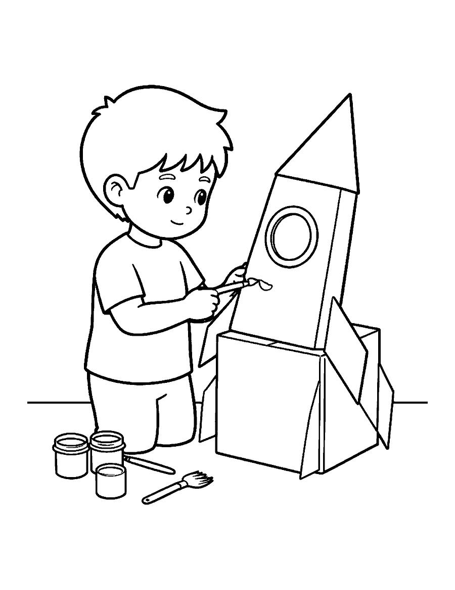 Line drawing of a child painting a homemade cardboard box rocket