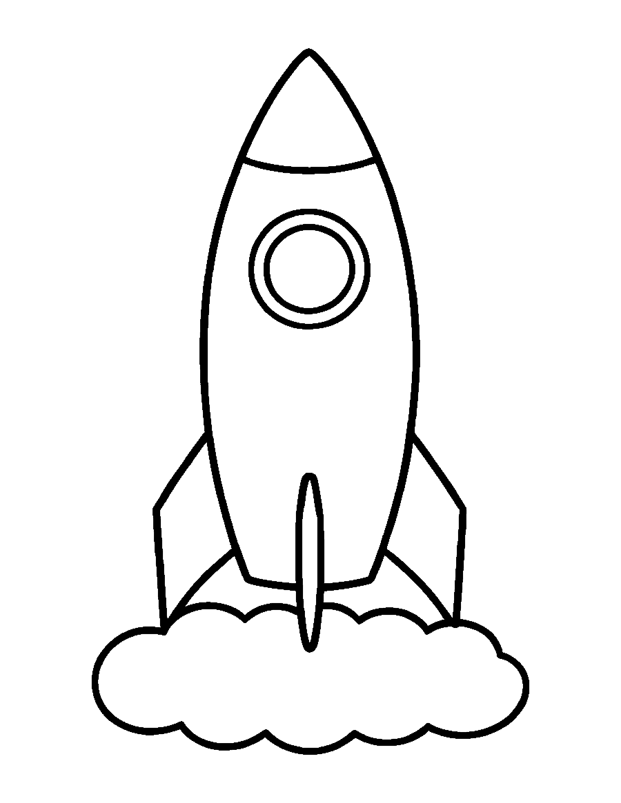 Line drawing of a classic rocket with a round porthole standing on three fins