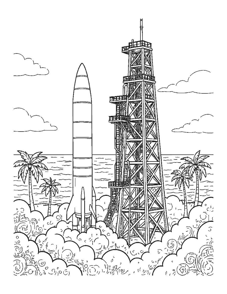 Line drawing of a detailed rocket beside a crisscross steel launch tower