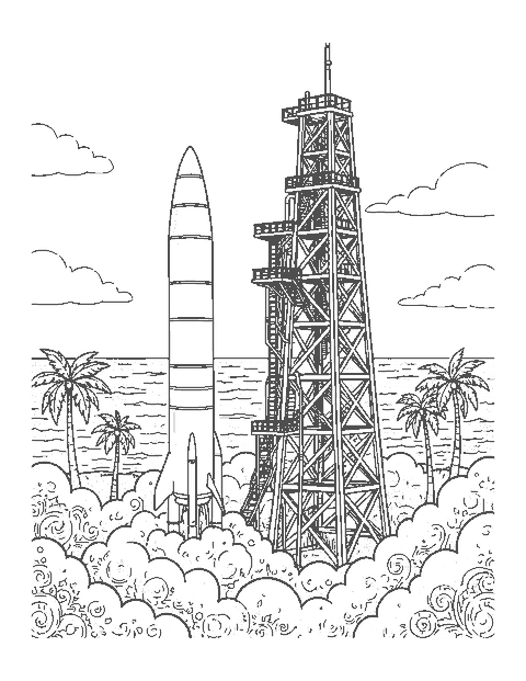 Line drawing of a detailed rocket beside a crisscross steel launch tower
